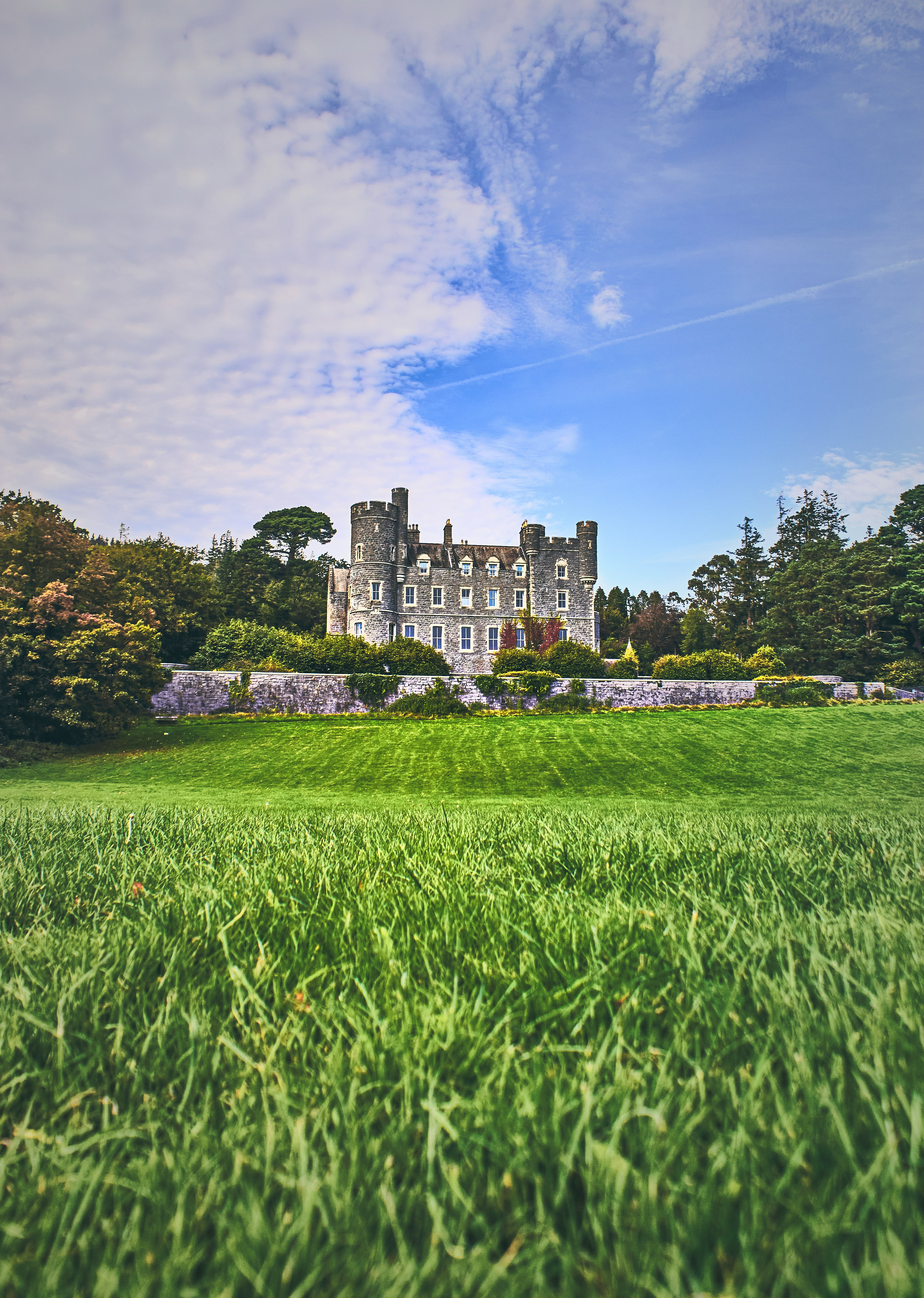 green grass field near castle under blue sky during daytime